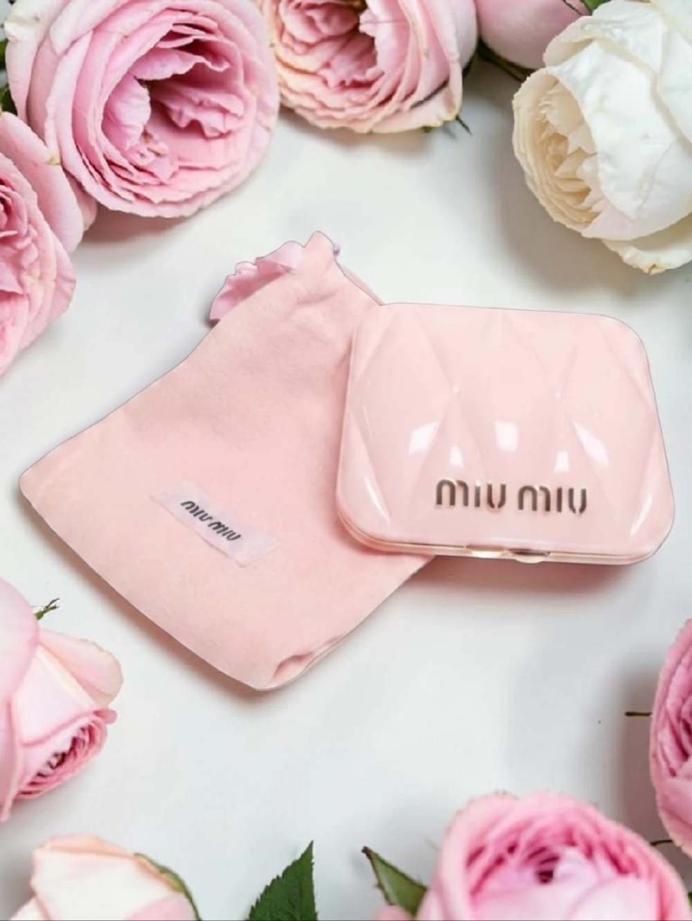 Miu Miu Pale Pink Quilted Gloss Compact Mirror with Pouch